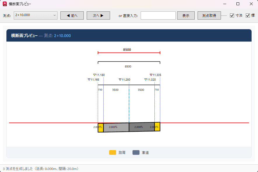 測点・幅員・勾配・高さを一目で把握